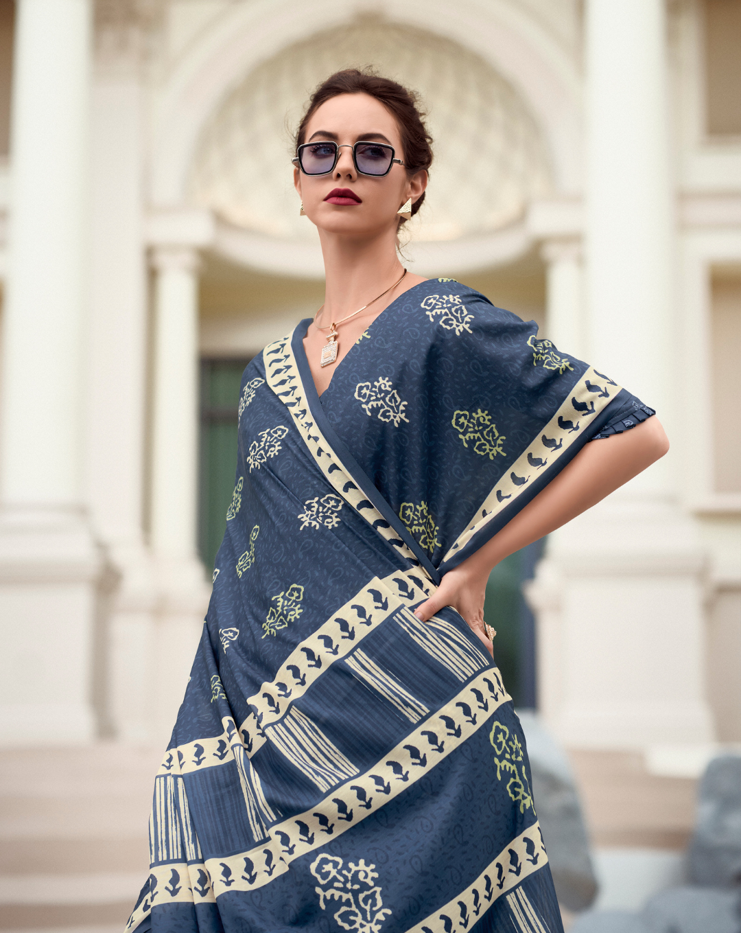 Cobalt blue Mal Mal Cotton  print saree