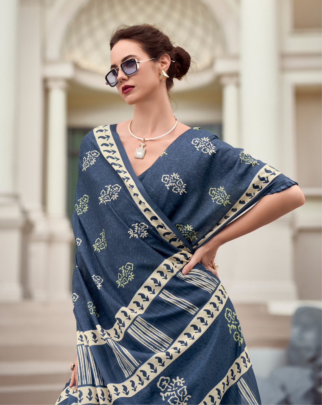 Cobalt blue Mal Mal Cotton  print saree