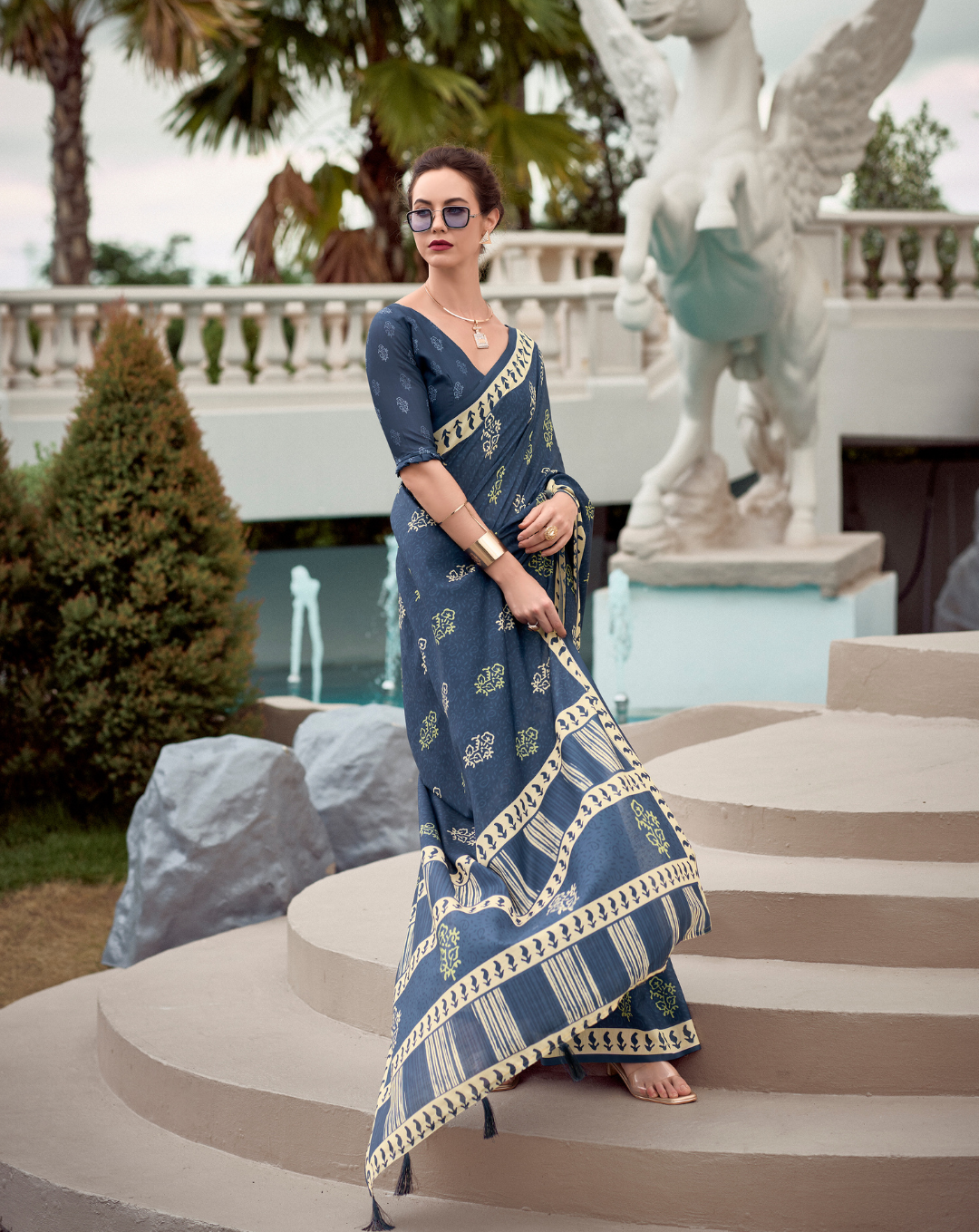 Cobalt blue Mal Mal Cotton  print saree