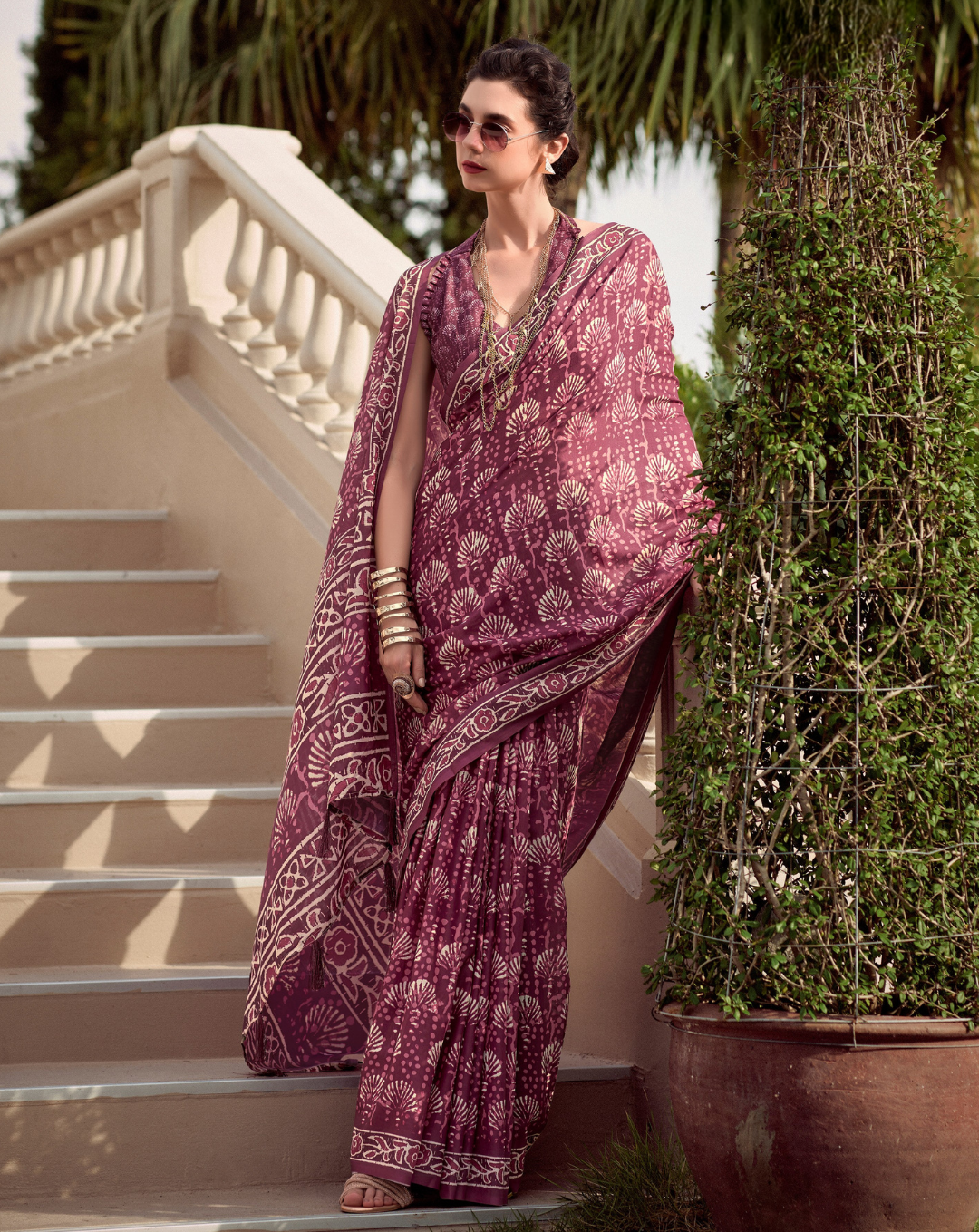 Onion pink Mal Mal Cotton  print saree