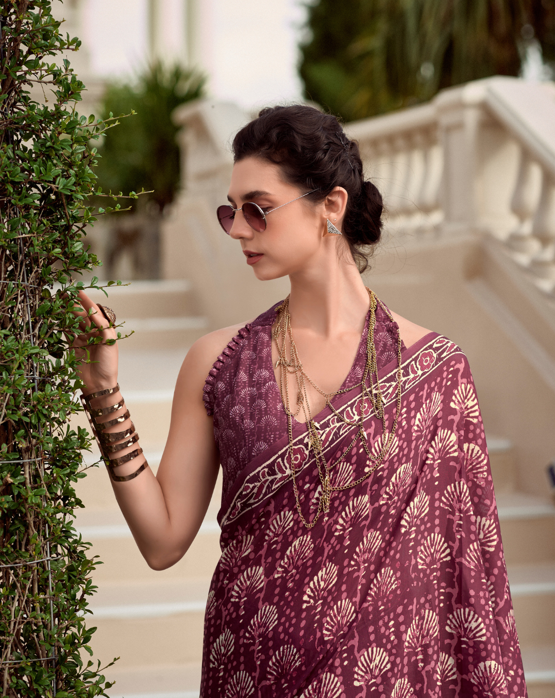 Onion pink Mal Mal Cotton  print saree