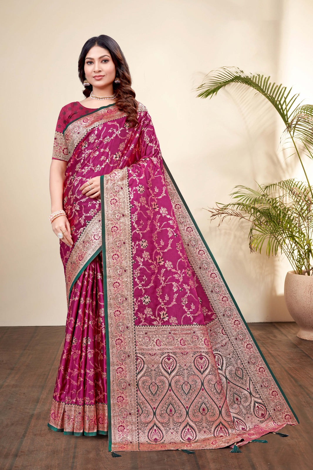 Elegant Royal Pink Satin Silk Saree - SaviDurga