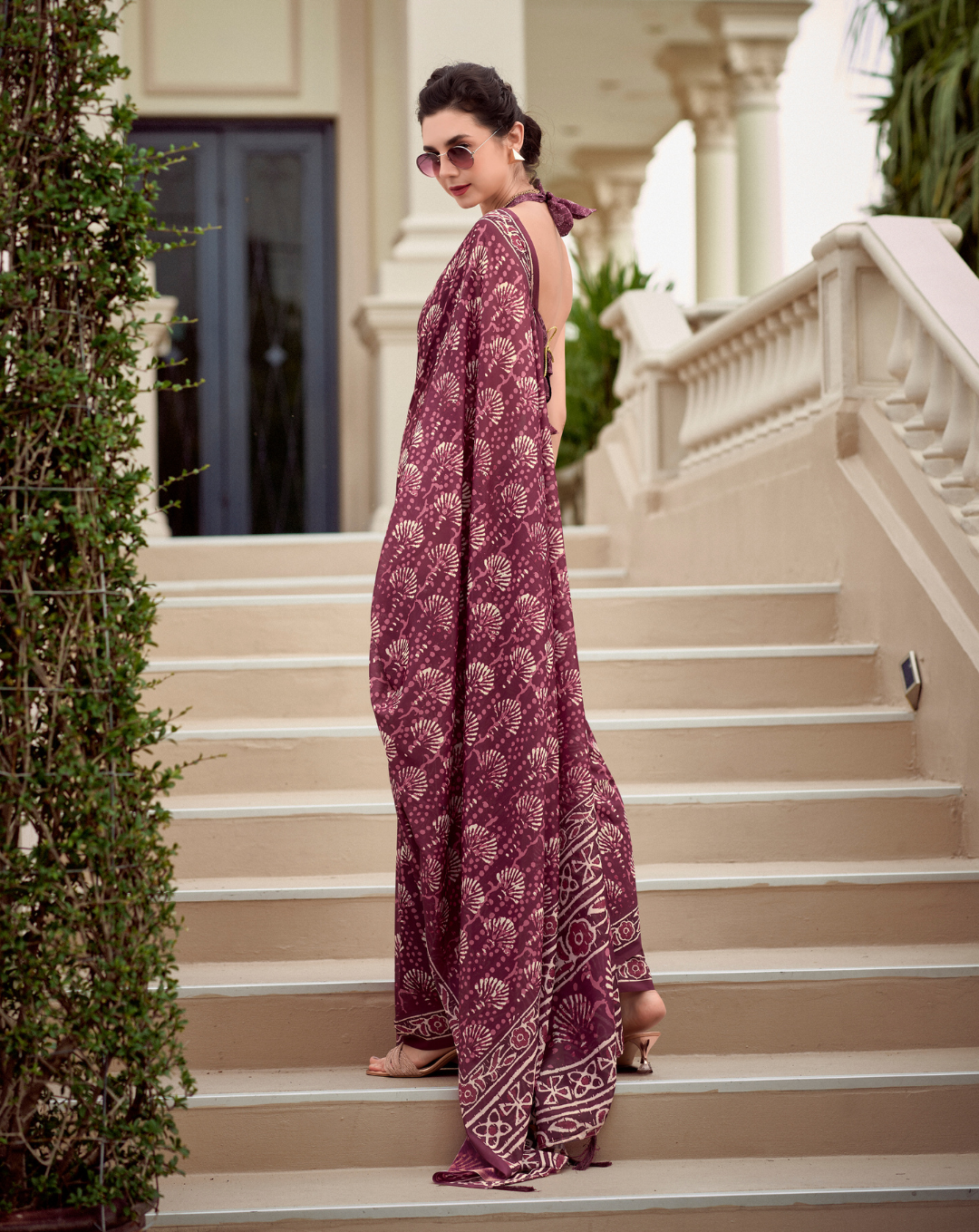 Onion pink Mal Mal Cotton  print saree