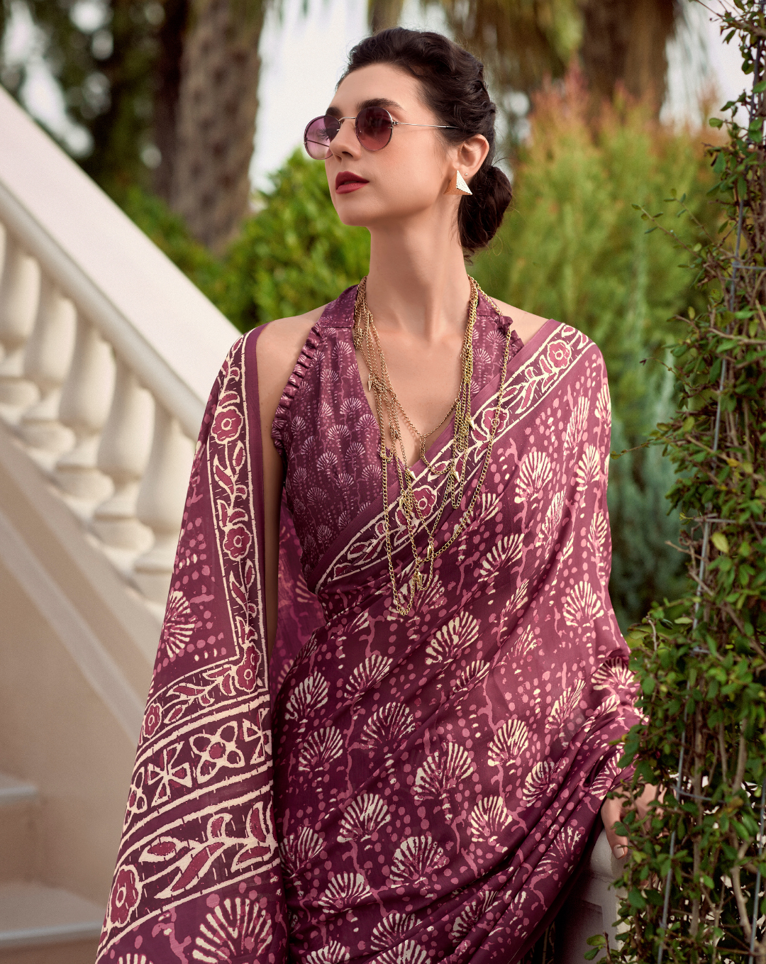 Onion pink Mal Mal Cotton  print saree