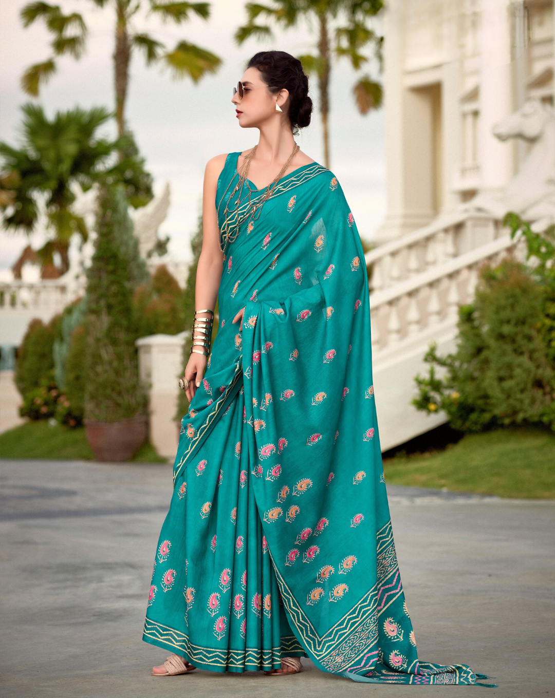 Sea green Mal Mal Cotton digital print saree