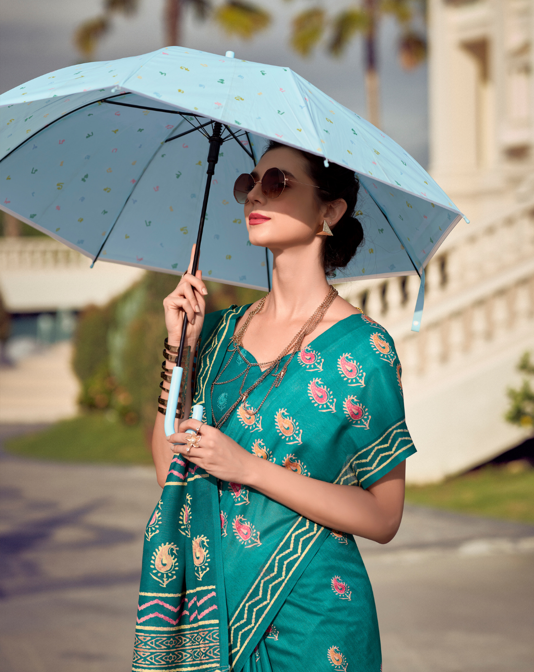 Sea green Mal Mal Cotton digital print saree