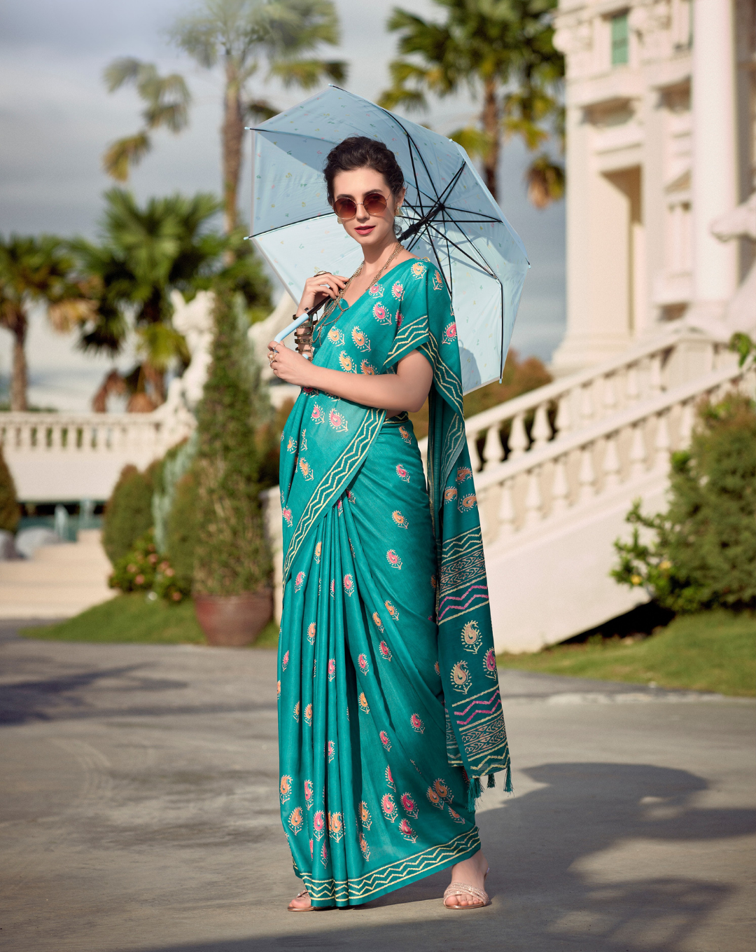 Sea green Mal Mal Cotton digital print saree