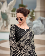 Black -beige square pattern Mal Mal Cotton digital print saree