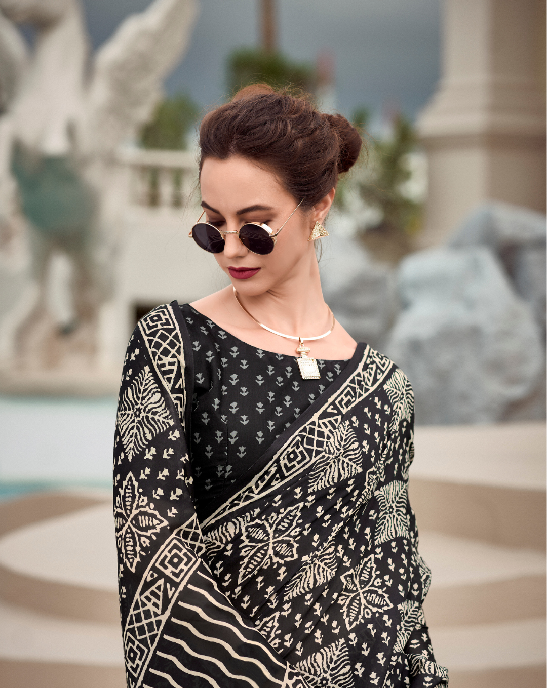 Black -beige square pattern Mal Mal Cotton digital print saree