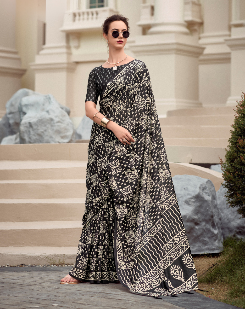 Black -beige square pattern Mal Mal Cotton digital print saree