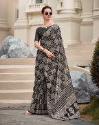 Black -beige square pattern Mal Mal Cotton digital print saree