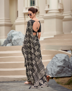 Black -beige square pattern Mal Mal Cotton digital print saree