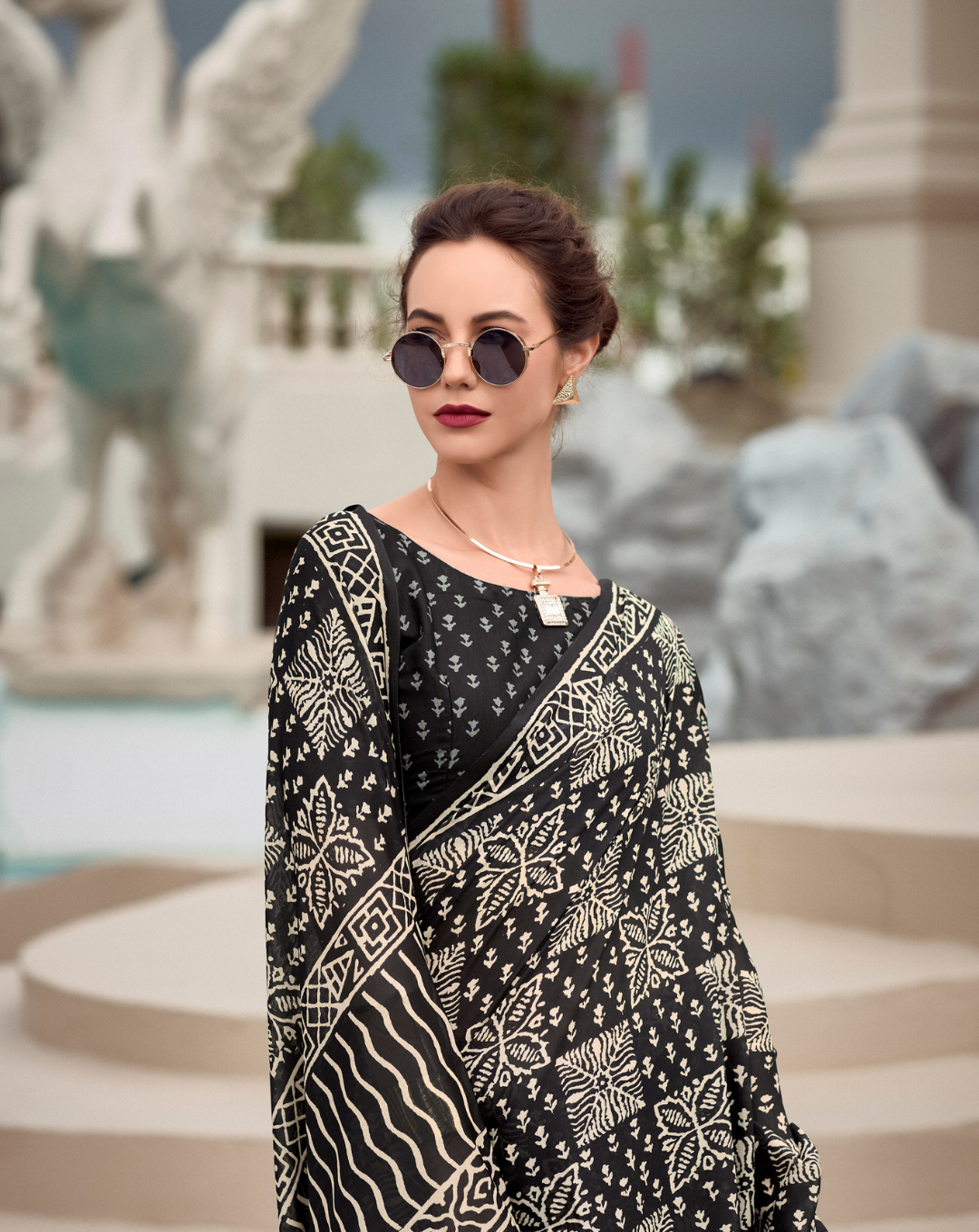 Black -beige square pattern Mal Mal Cotton digital print saree