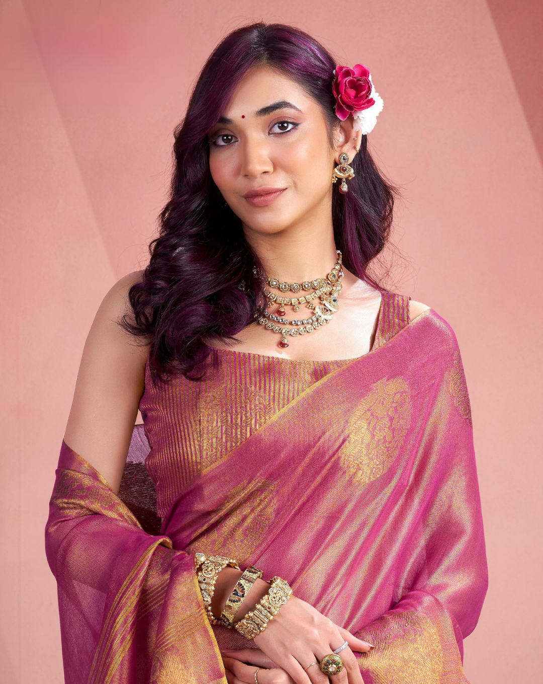 Pink Tissue Fancy Weaving silk saree