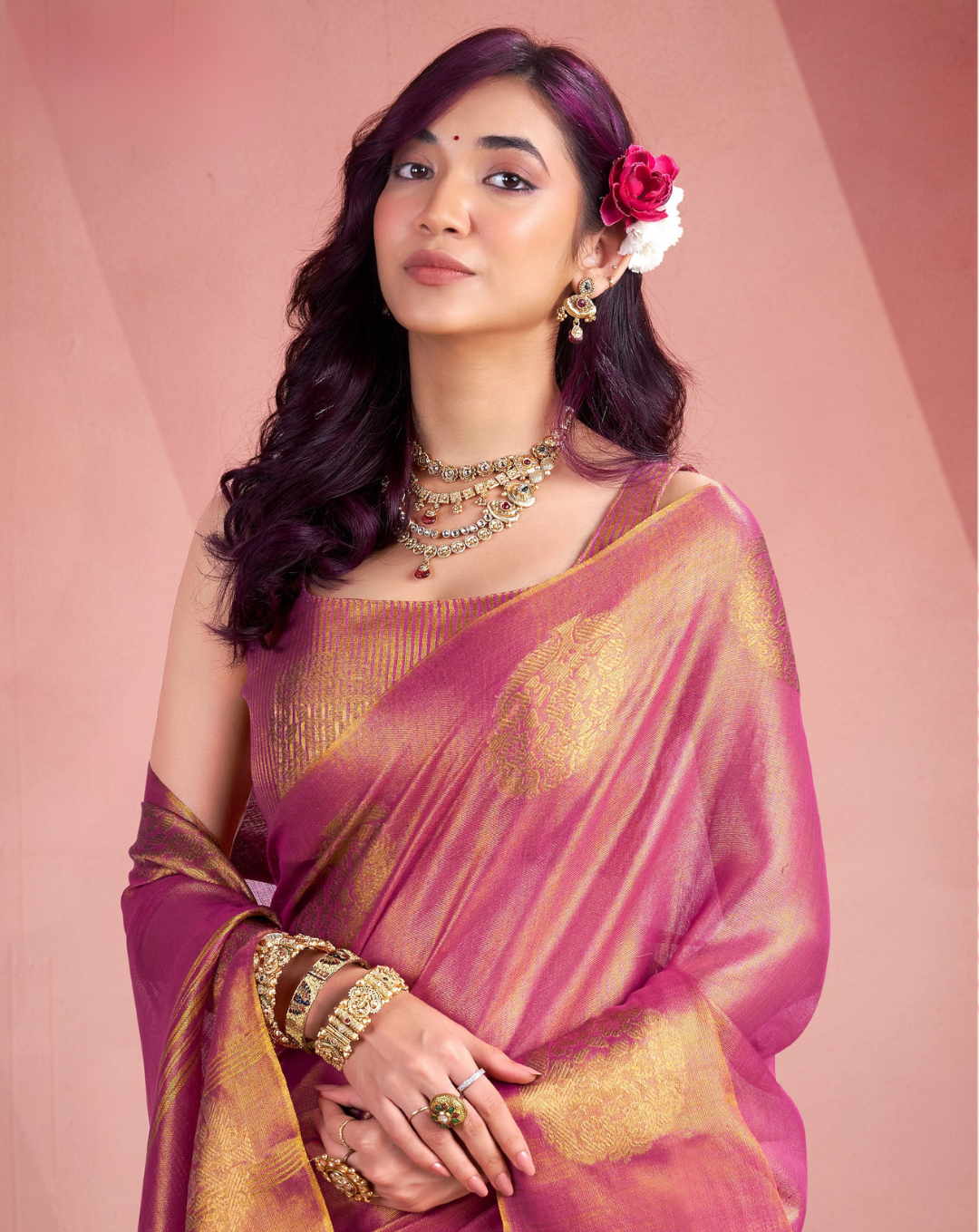 Pink Tissue Fancy Weaving silk saree