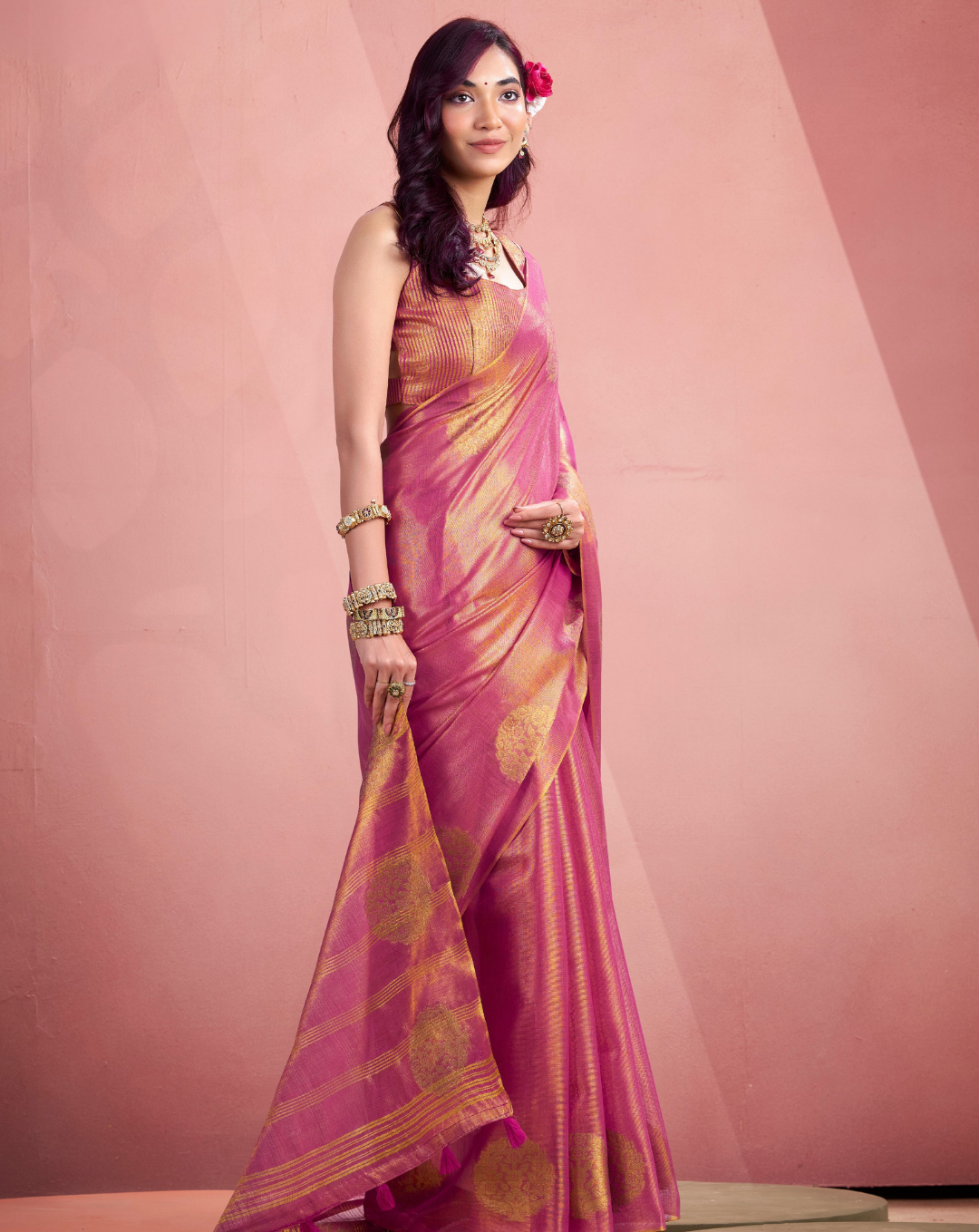 Pink Tissue Fancy Weaving silk saree