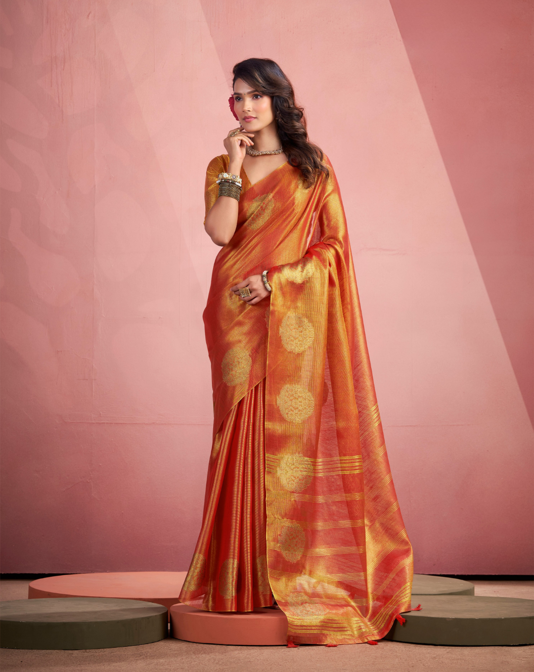 Orange Tissue Fancy Weaving silk saree