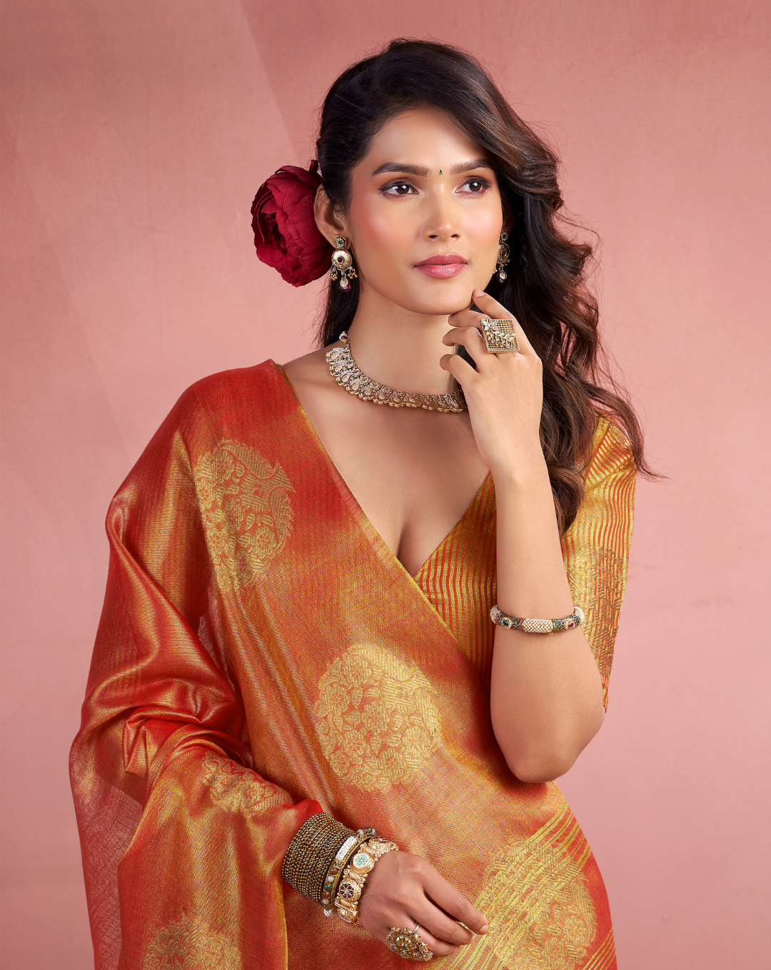 Orange Tissue Fancy Weaving silk saree