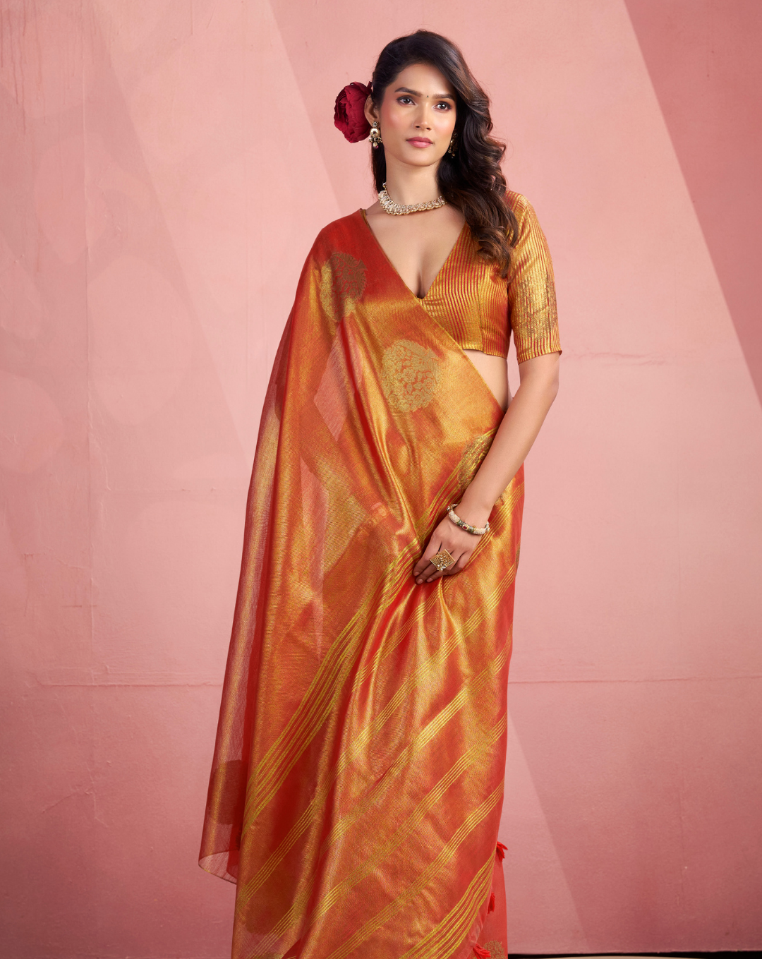 Orange Tissue Fancy Weaving silk saree