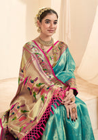 Pure Paithani Tissue Turquise  Silk With Zari Border