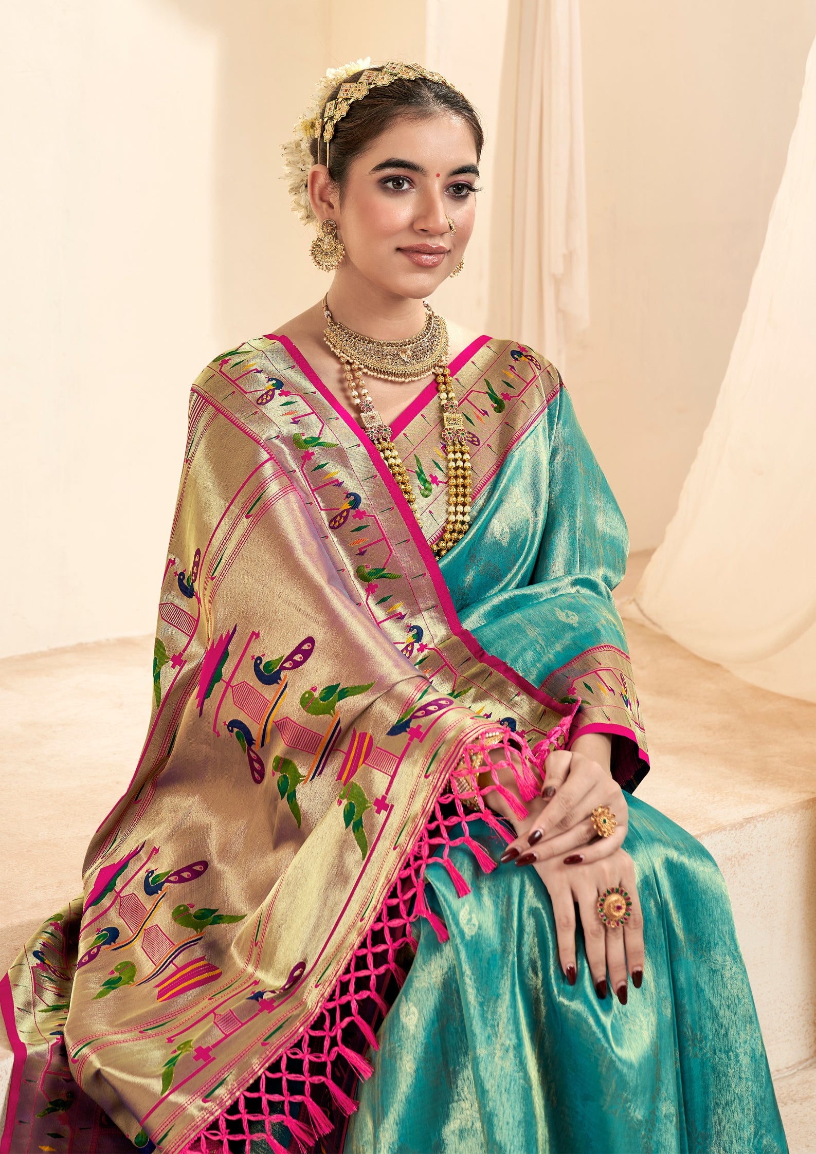 Pure Paithani Tissue Turquise  Silk With Zari Border