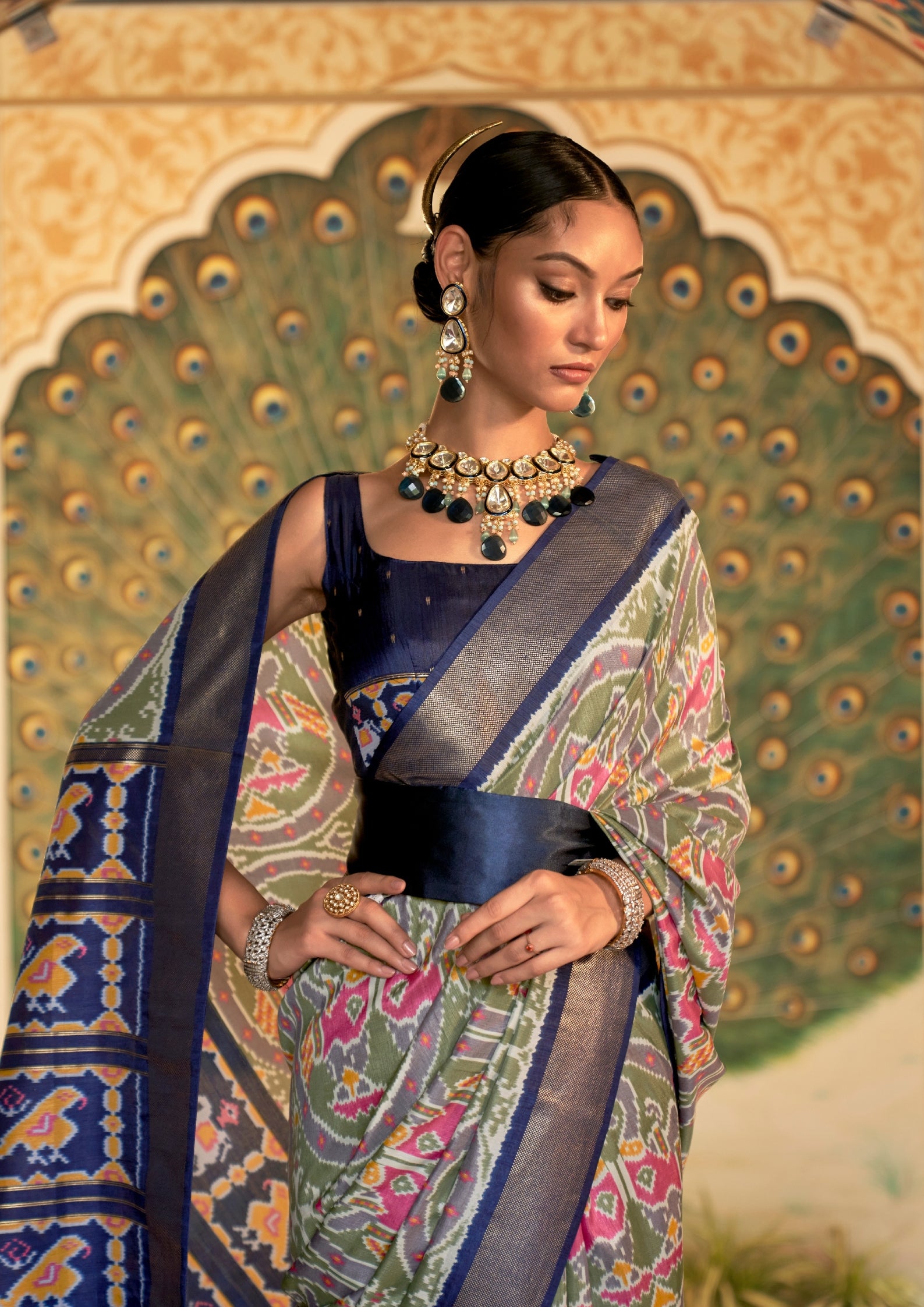 Sage Green Patola Saree With Royal Blue Border
