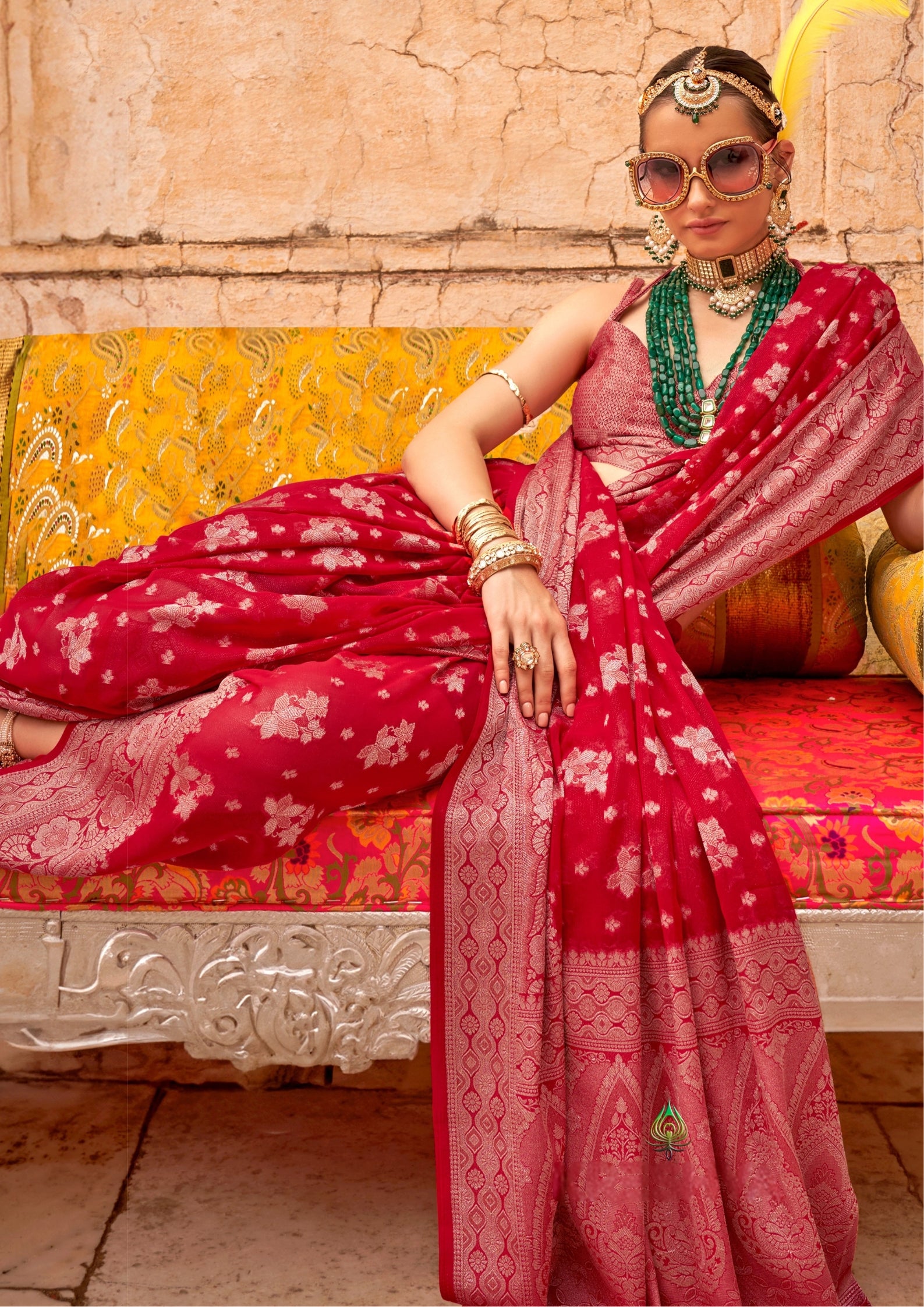RED GEORGETTE SAREE WITH WEAVING BUTA BORDER