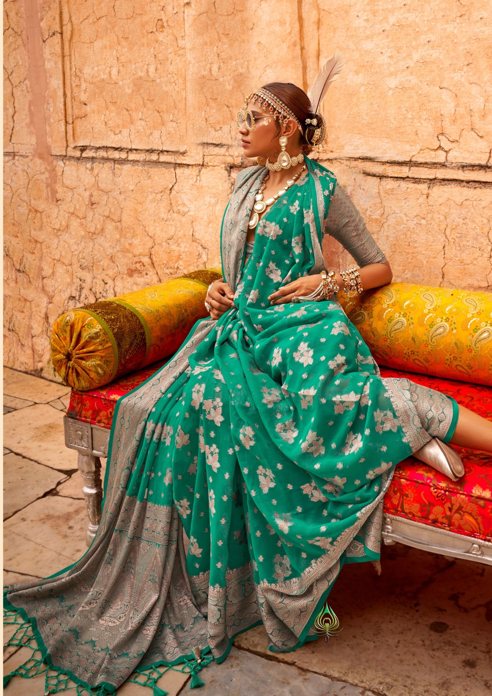 TEAL GEORGETTE  SAREE WITH WEAVING BUTA BORDER