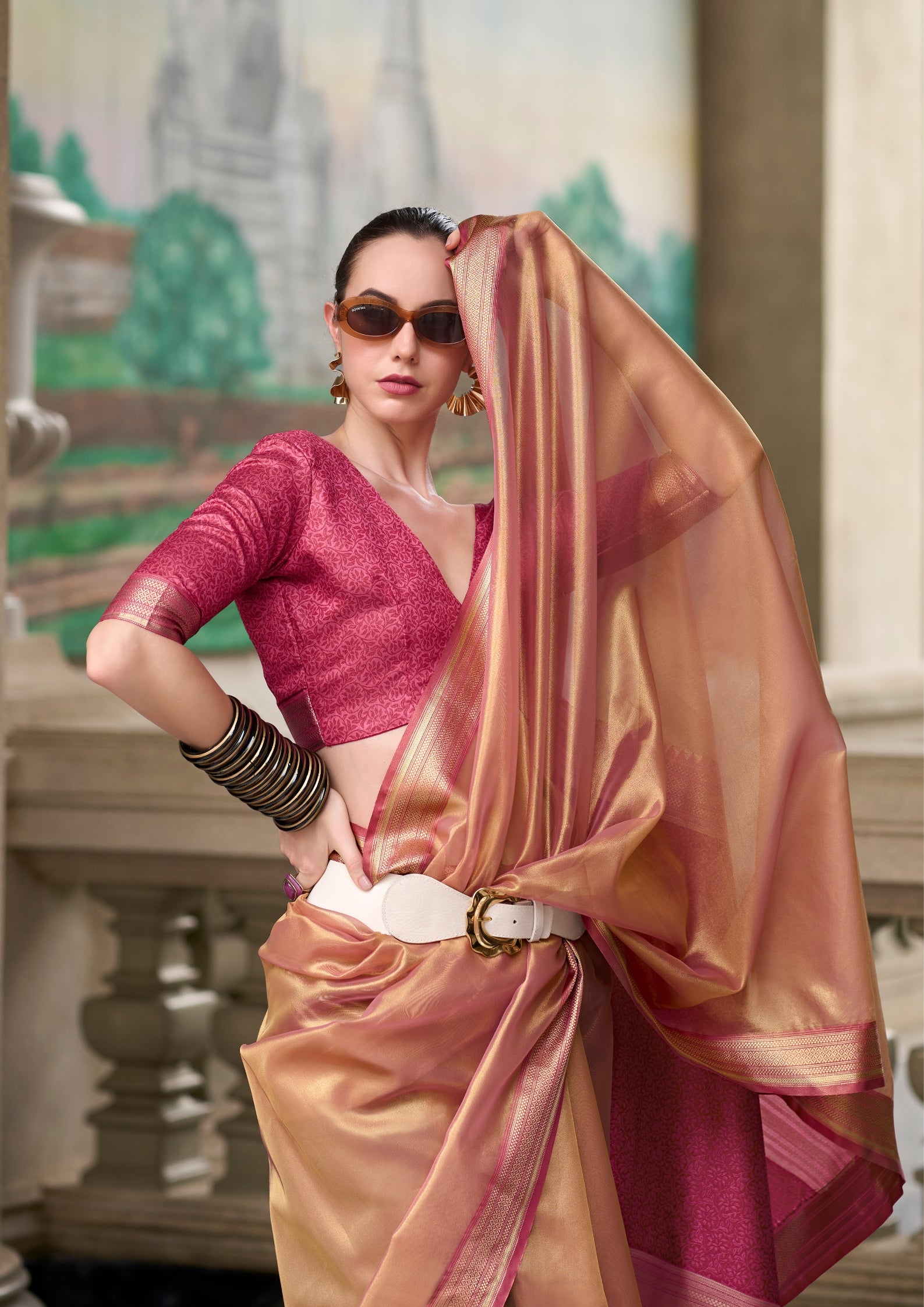 Pure Tissue Rose Gold Saaree  With Designer Pallu and blouse