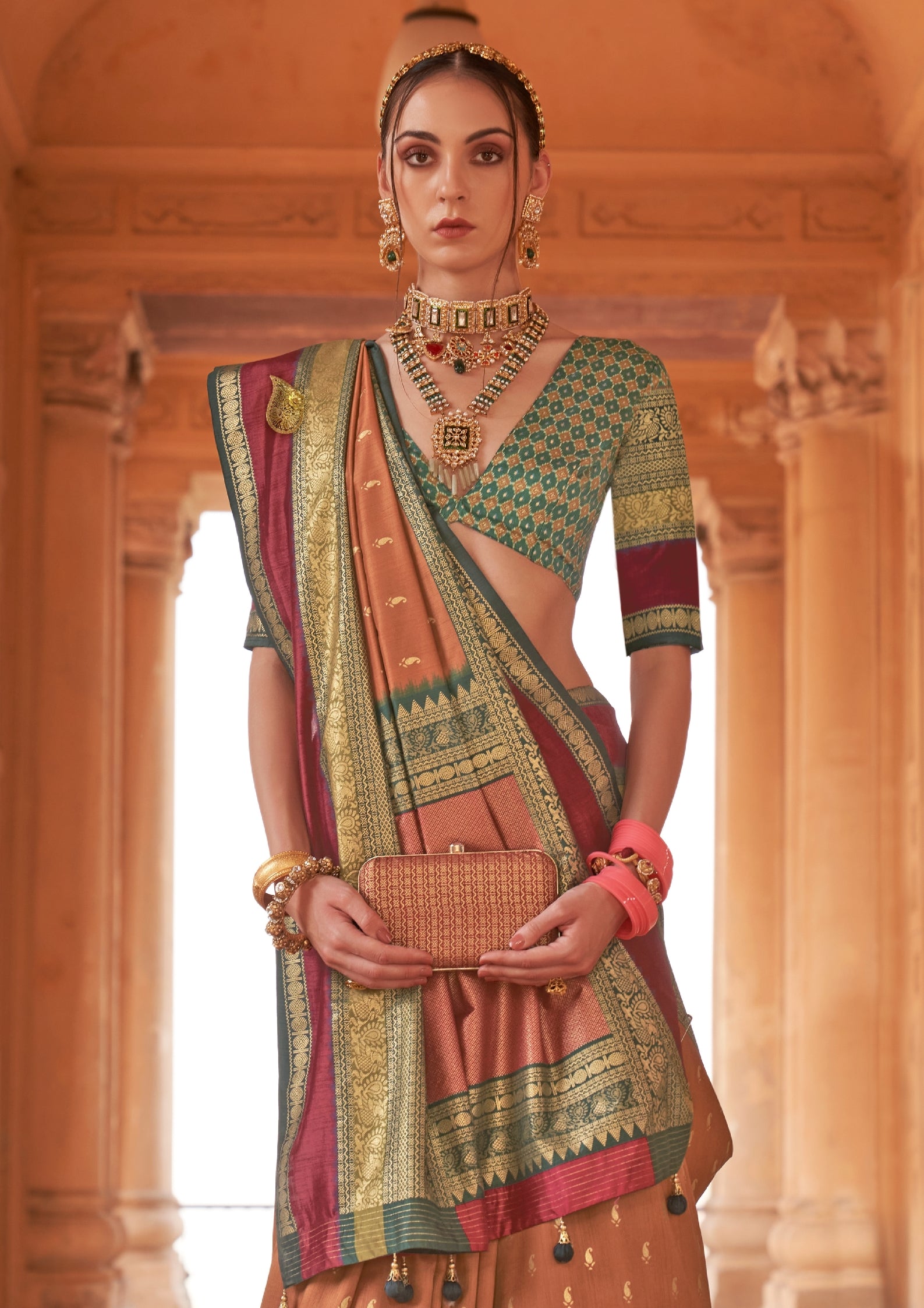 Coral Blush  Saree With Patola Blouse