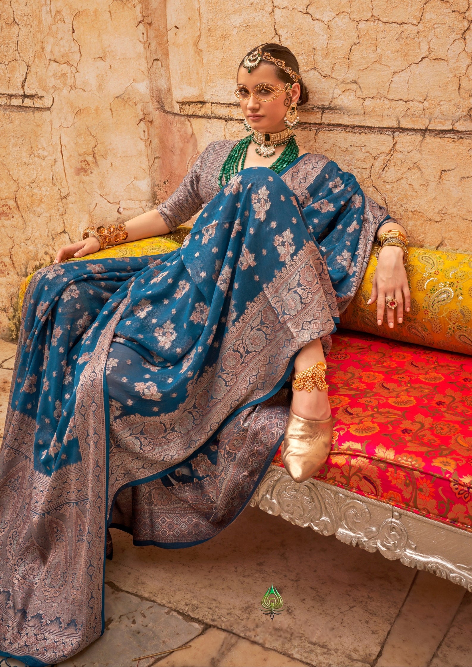 BLUE GEORGETTE SAREE WITH WEAVING BUTA BORDER