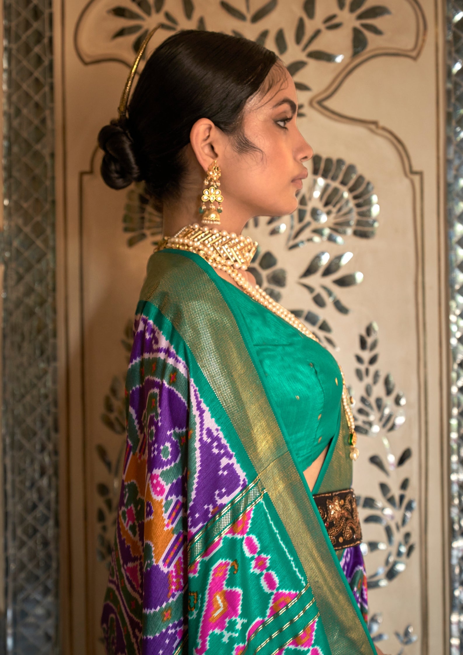 Purple Patola Saree With Teal Border