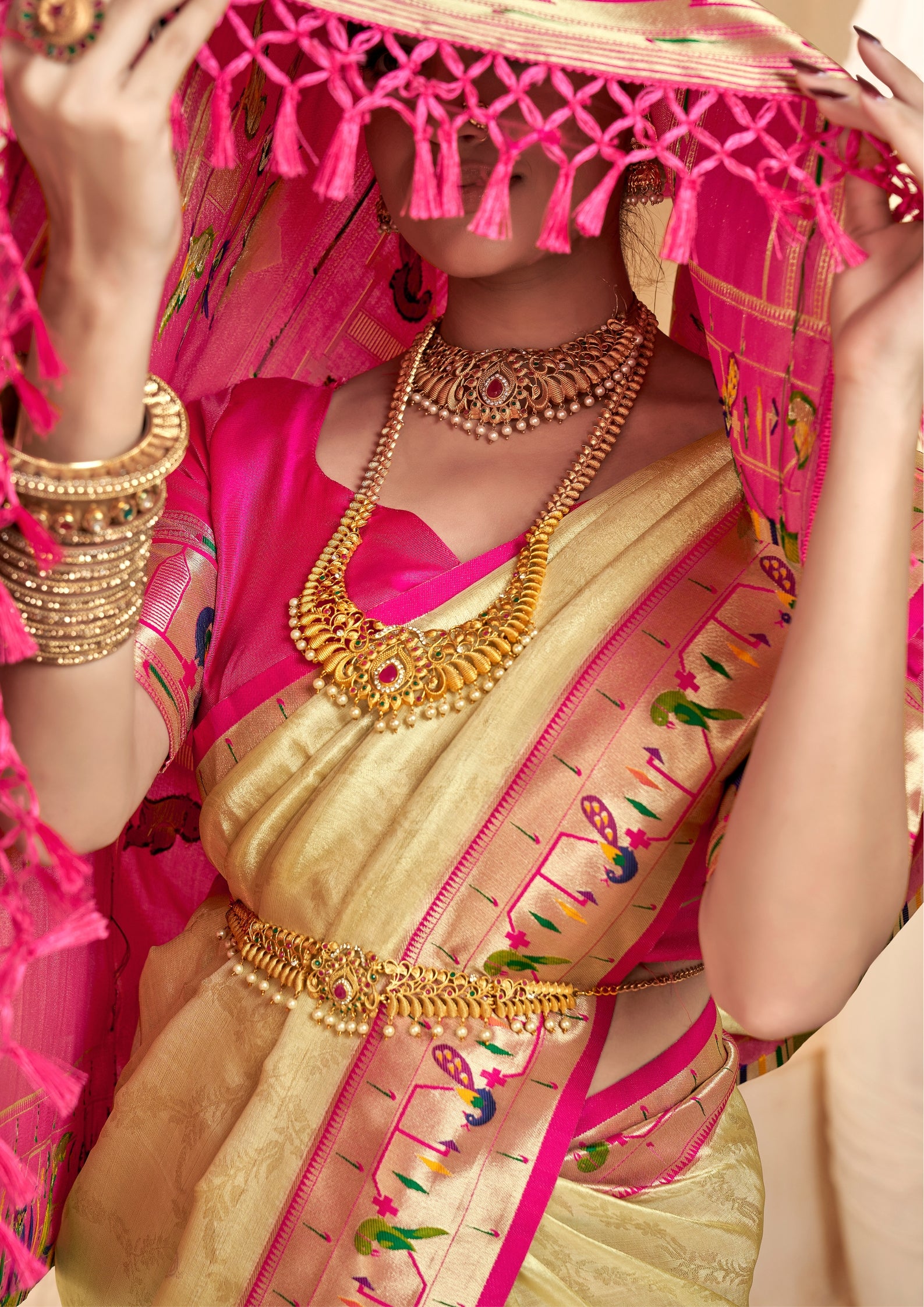 Pure Paithani Tissue Gold Silk With Zari Border