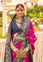 Rani Pink with Cyan Border Silk with Aqua Finish