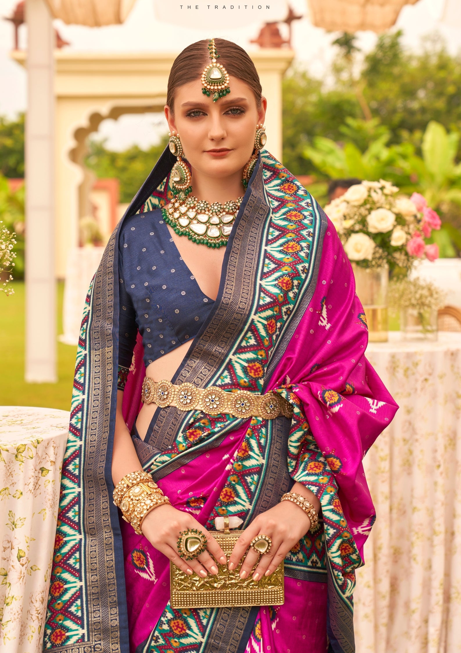 Rani Pink with Cyan Border Silk with Aqua Finish
