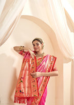 Pure Paithani Tissue Pink Silk With Zari Border