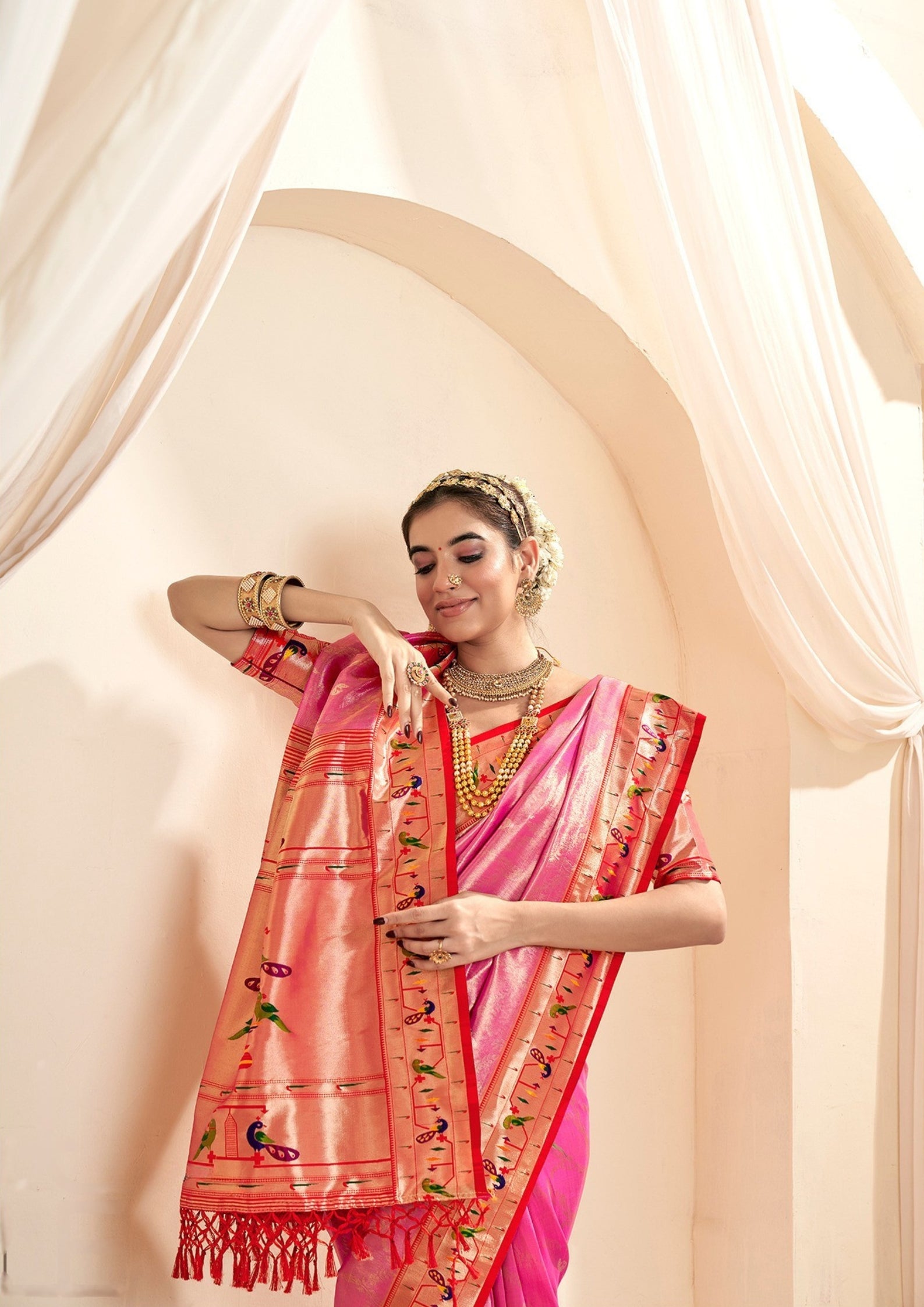 Pure Paithani Tissue Pink Silk With Zari Border