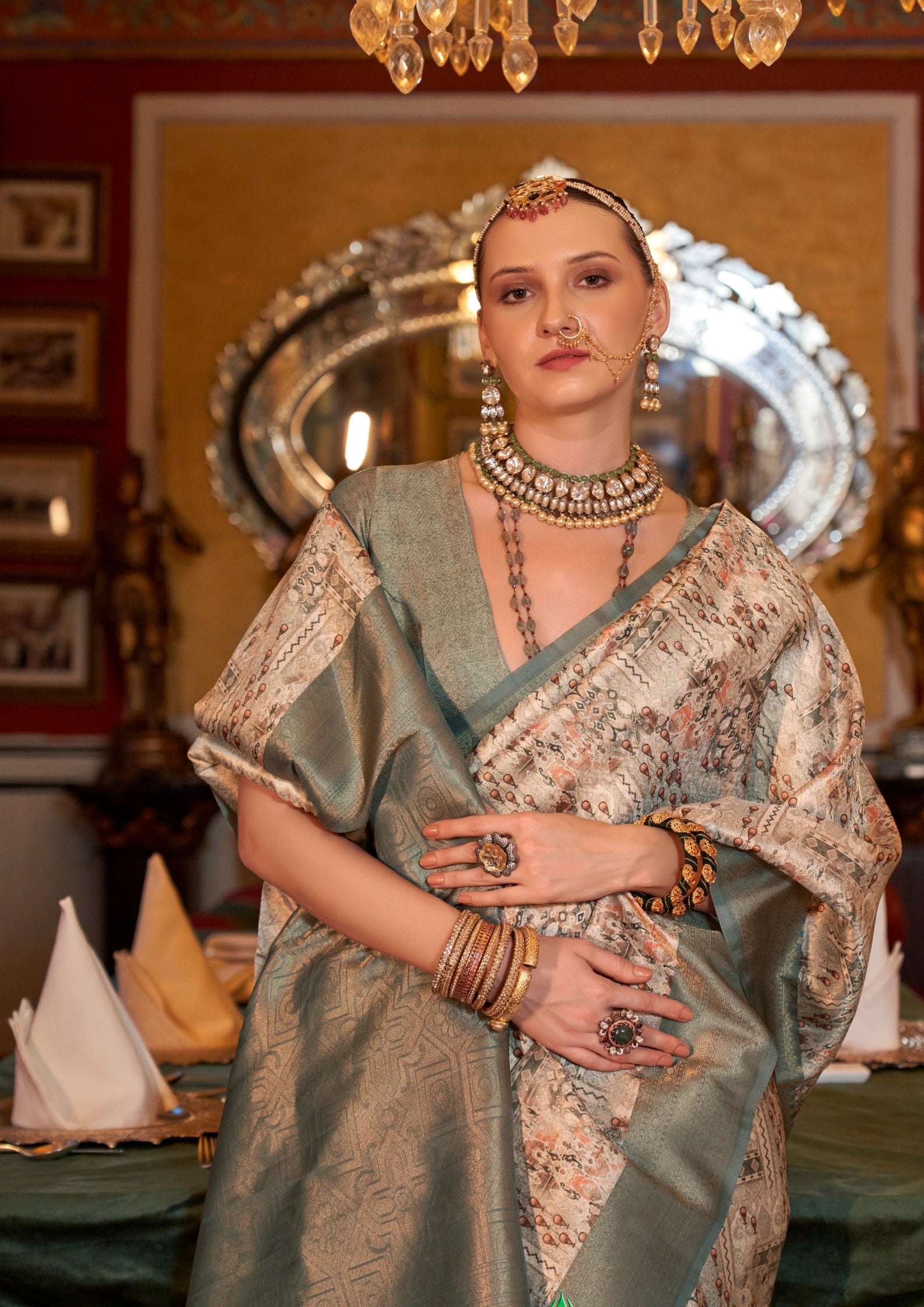 GREY TUSSER SILK WITH DIGITAL PRINTED ZARI BORDER SAREE