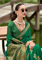 PURE SATTIN HANDWOVEN GREEN WITH ZARI WEAVING