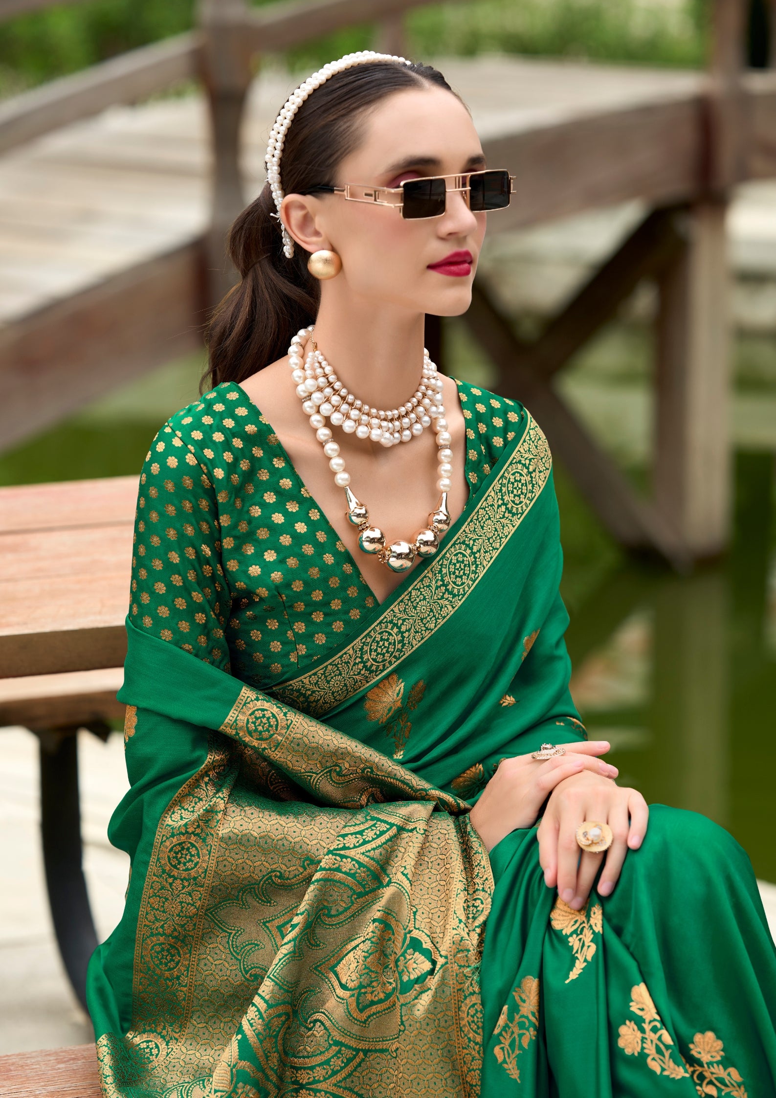 PURE SATTIN HANDWOVEN GREEN WITH ZARI WEAVING