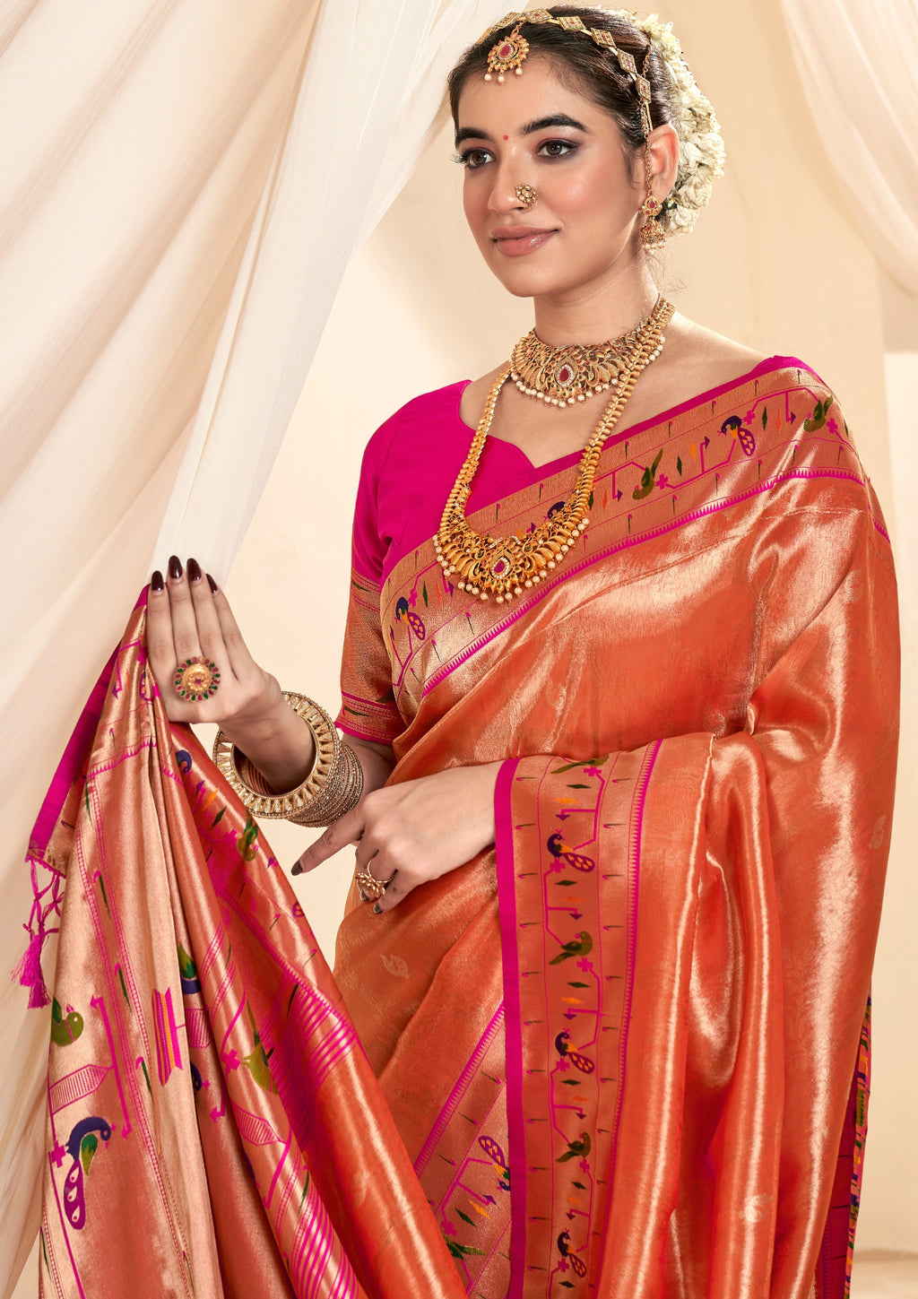 Pure Paithani Tissue Orange  Silk With Zari Border