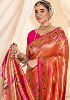 Pure Paithani Tissue Orange  Silk With Zari Border