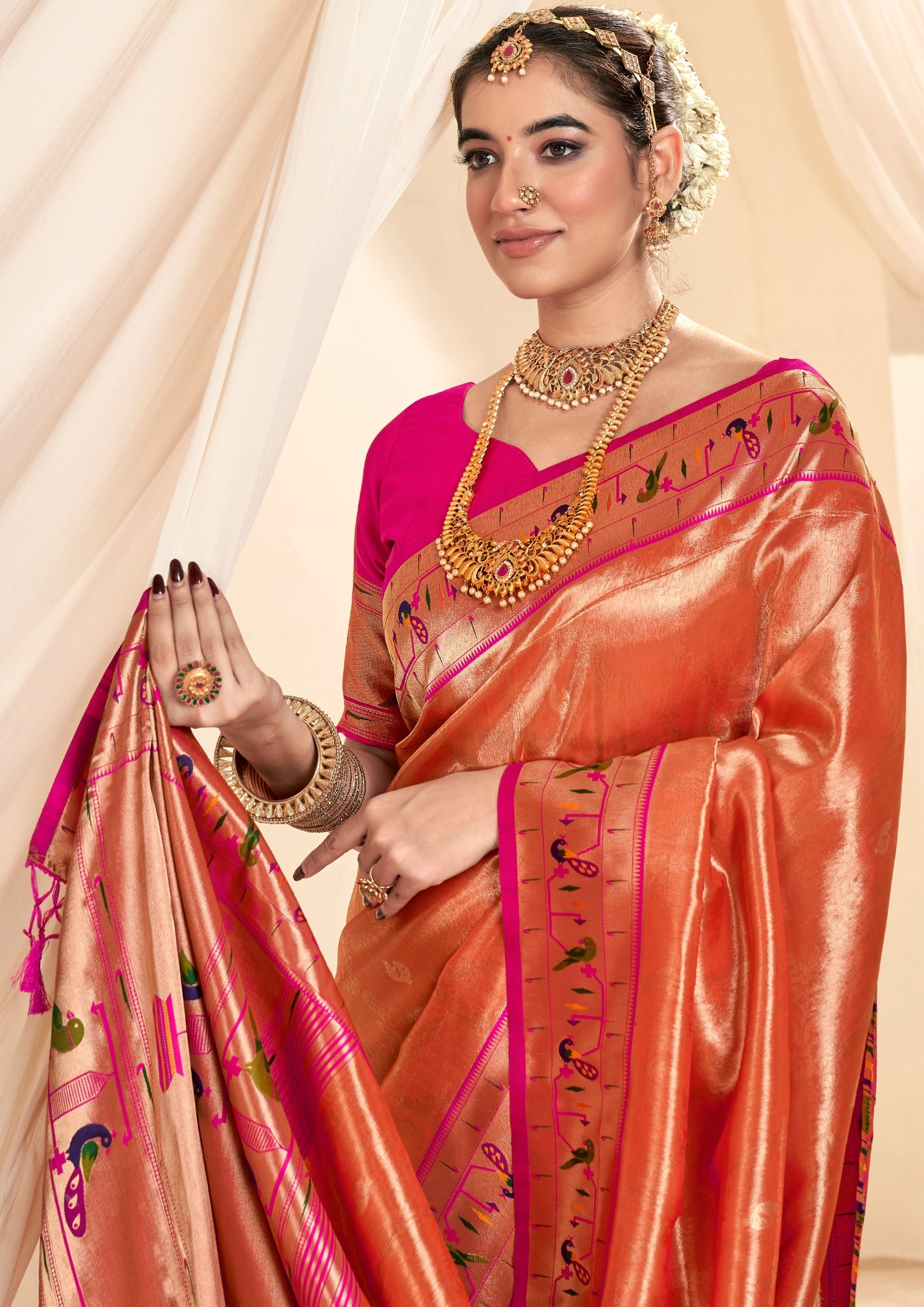 Pure Paithani Tissue Orange  Silk With Zari Border