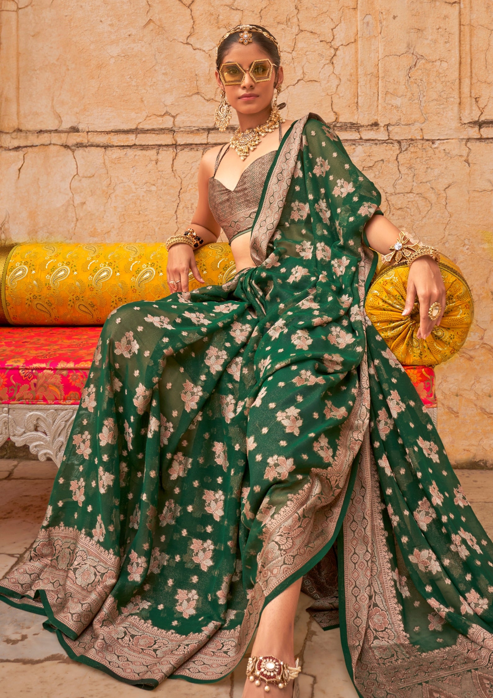 GREEN GEORGETTE SAREE WITH WEAVING BUTA BORDER