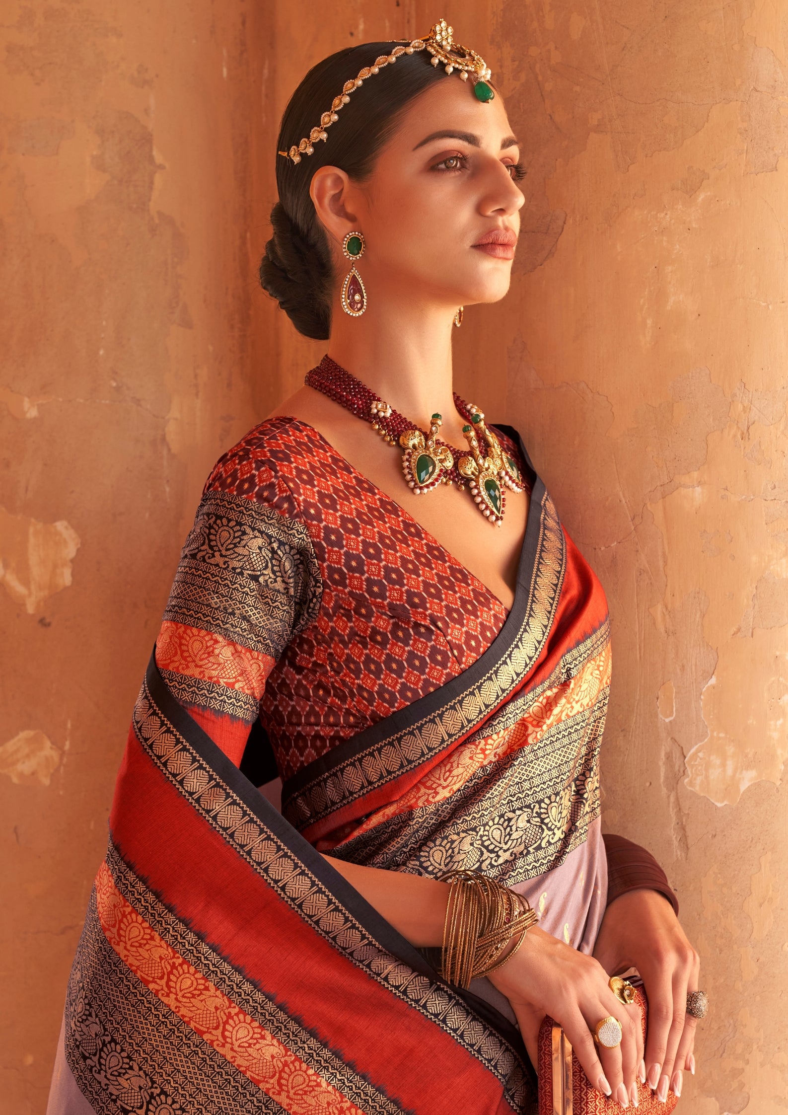 Light Grey Silk Saree With Patola Blouse