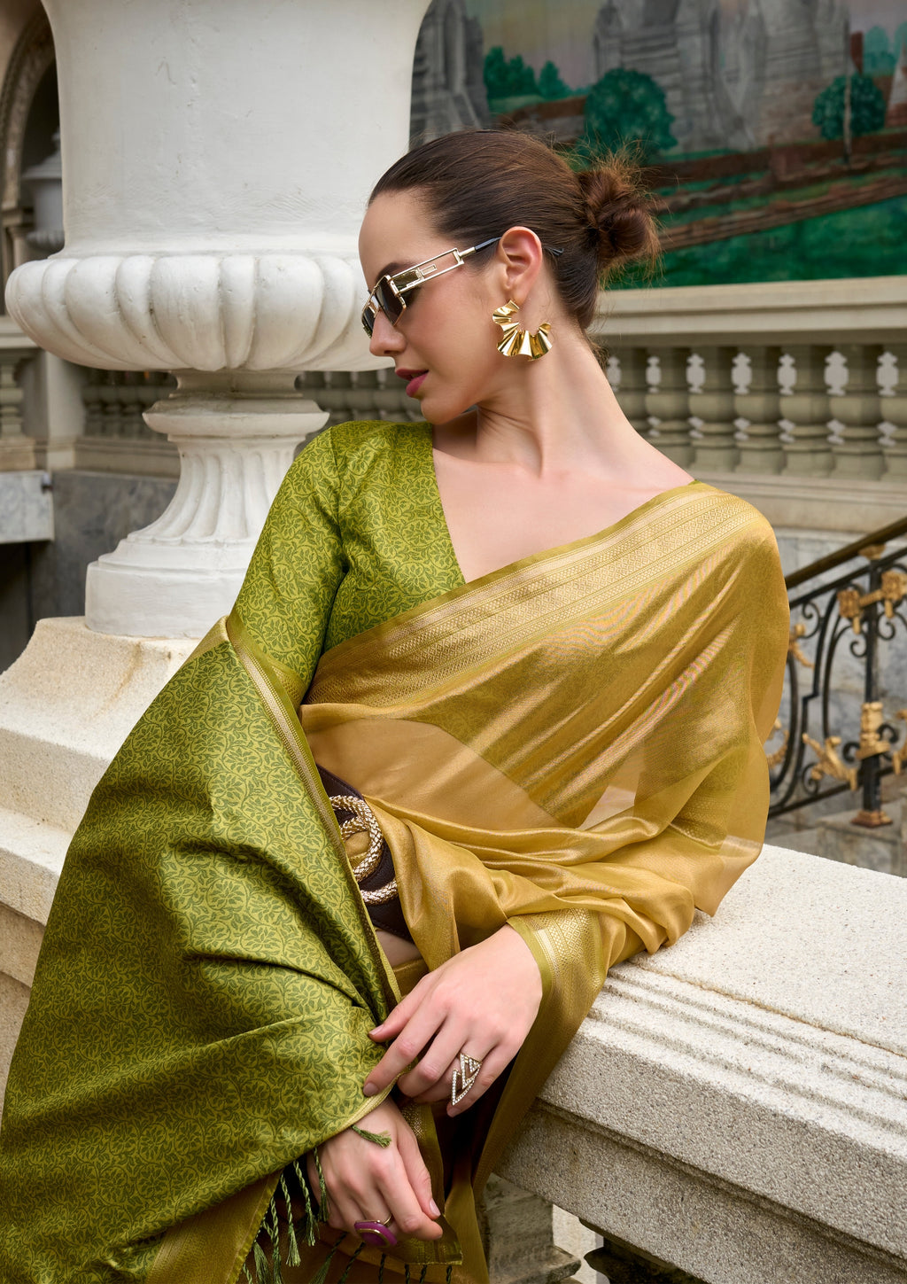 Pure Tissue Golden Saaree  With Designer Pallu and blouse