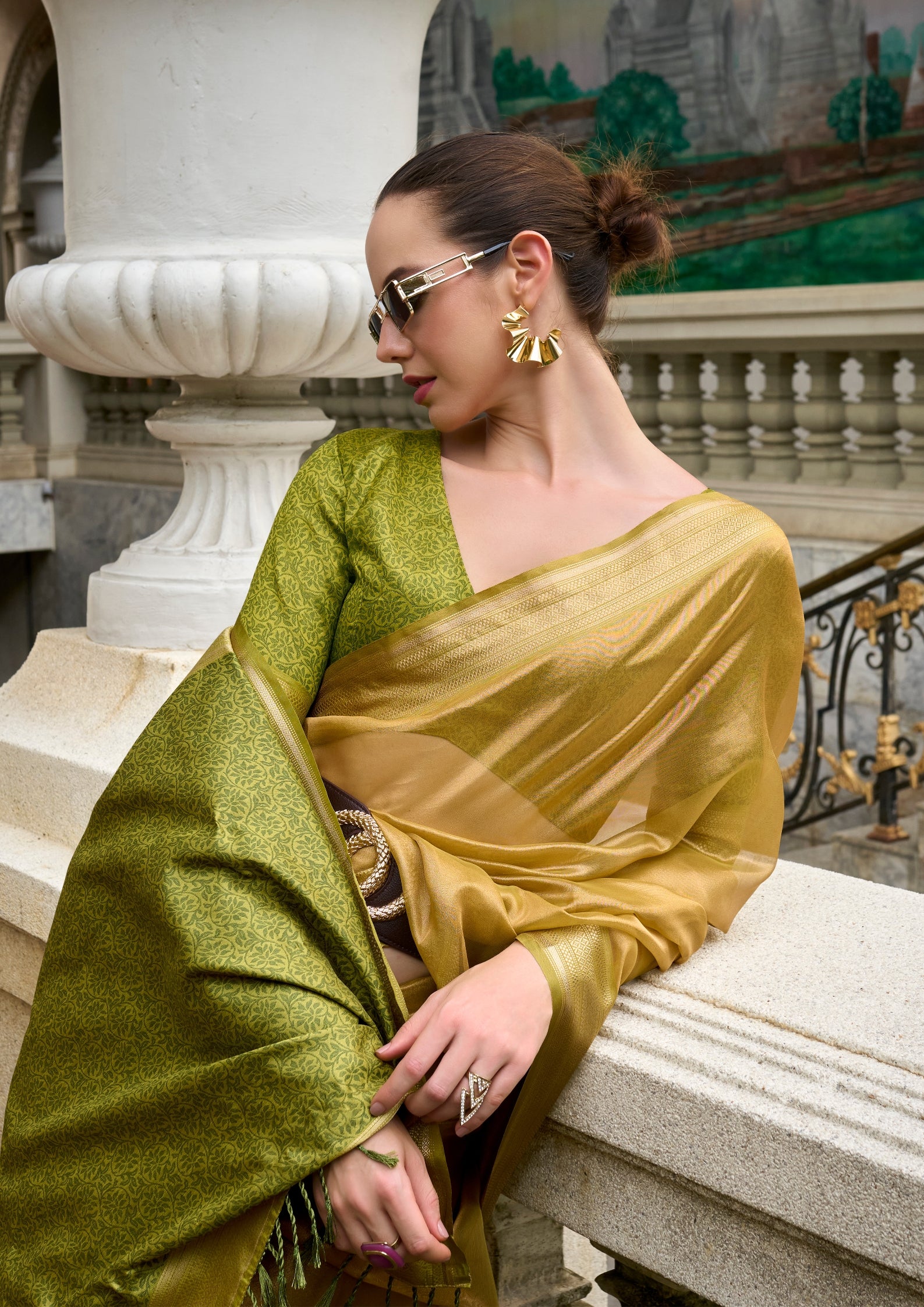 Pure Tissue Golden Saaree  With Designer Pallu and blouse