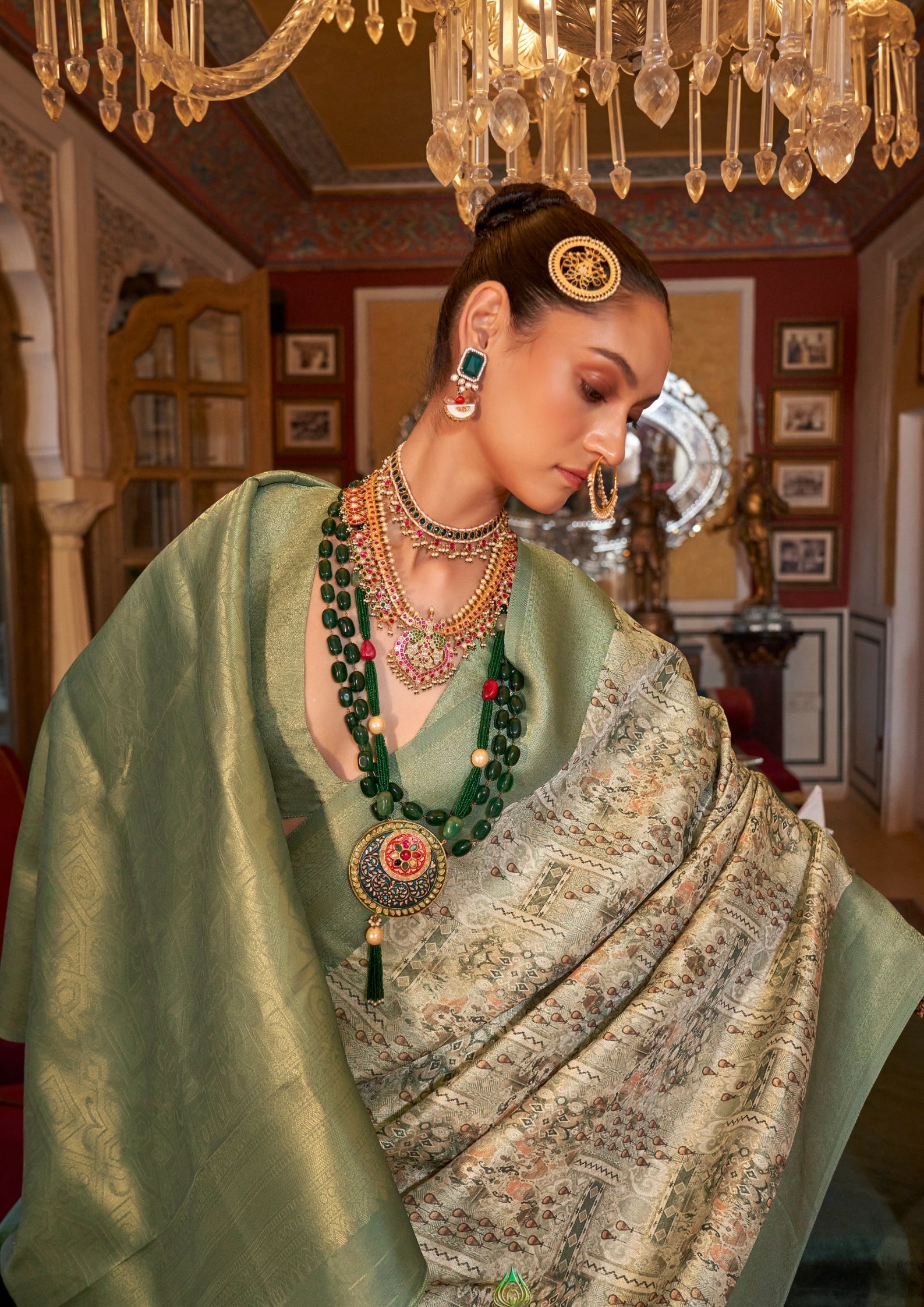 SAGE TUSSER SILK WITH DIGITAL PRINTED ZARI BORDER SAREE