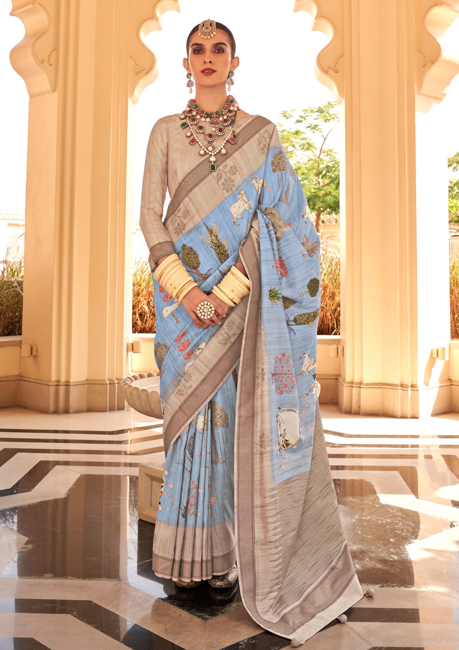 Pastel Blue Raw Silk Saree With Foil And Khadi Print