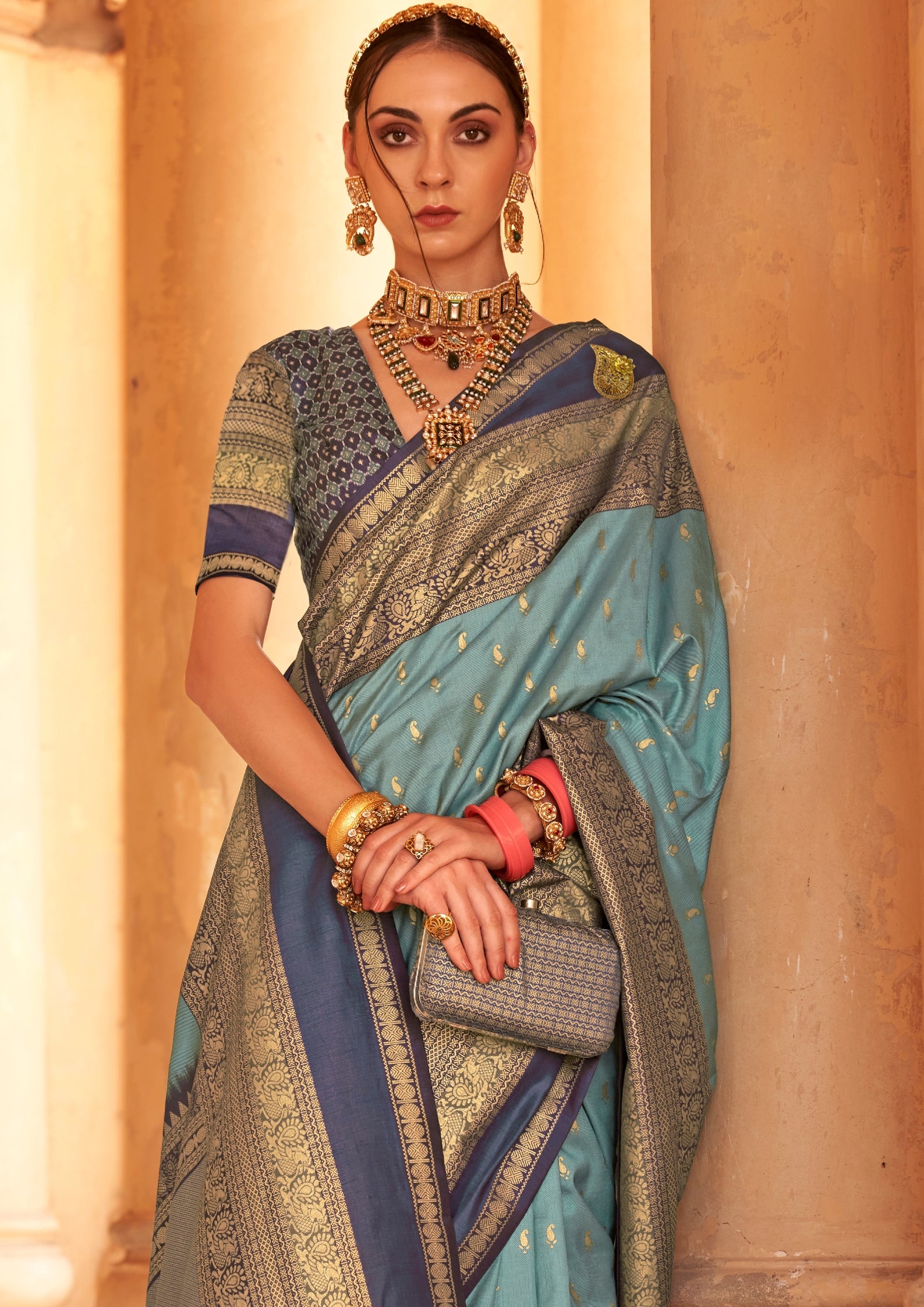 Blue Silk Saree With Patola Blouse